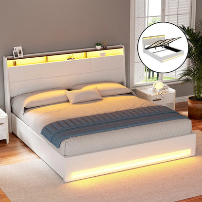 Artiss Bed Frame Gas Lift LED Beds Base Platform White PVC Leather Storage Headboard - King - Mekamart Australia