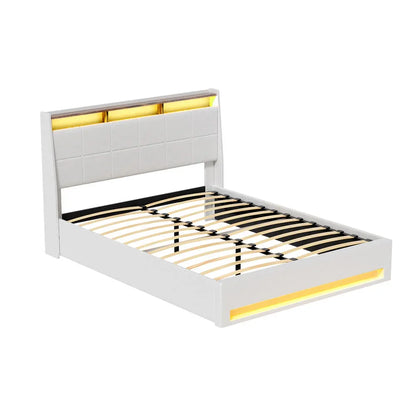 Artiss Bed Frame Gas Lift LED Beds Base Platform White PVC Leather Storage Headboard - Queen - Mekamart Australia