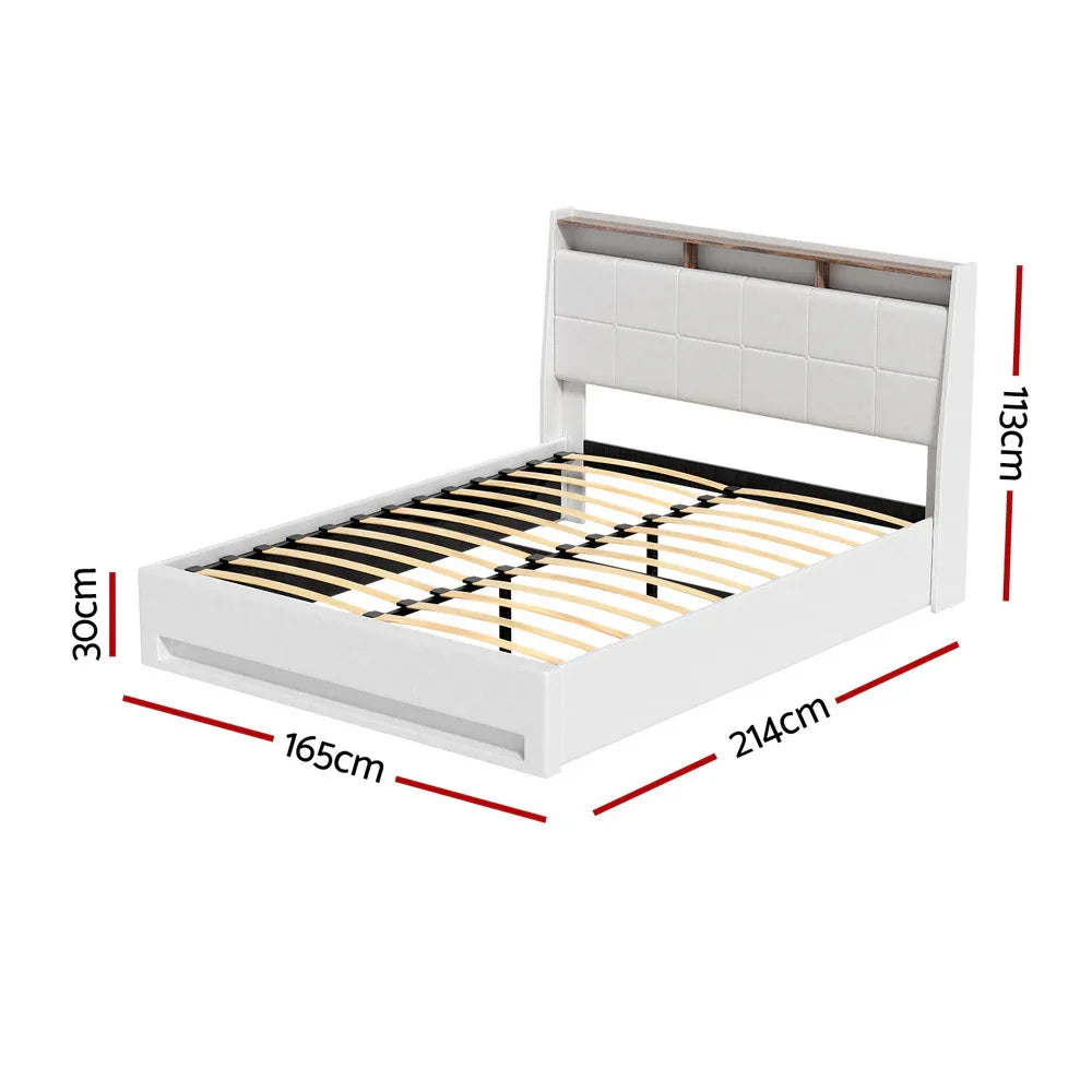 Artiss Bed Frame Gas Lift LED Beds Base Platform White PVC Leather Storage Headboard - Queen - Mekamart Australia