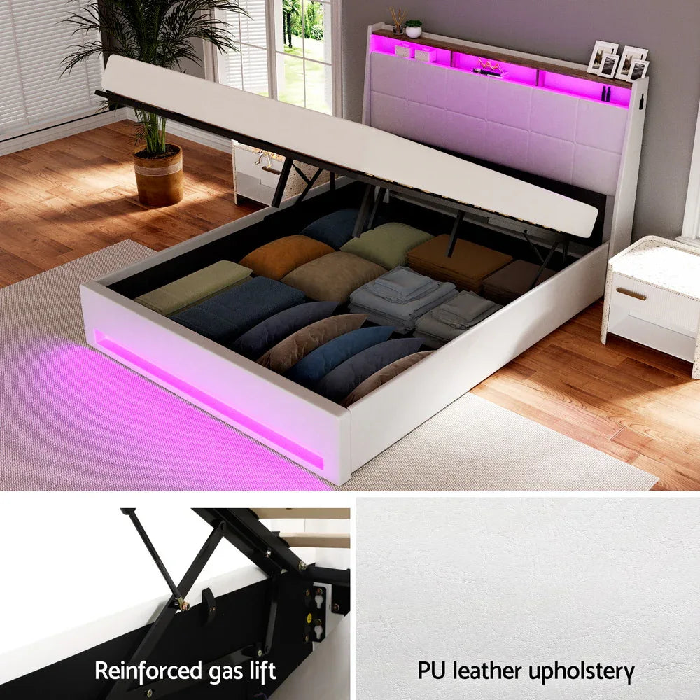 Artiss Bed Frame Gas Lift LED Beds Base Platform White PVC Leather Storage Headboard - Queen - Mekamart Australia