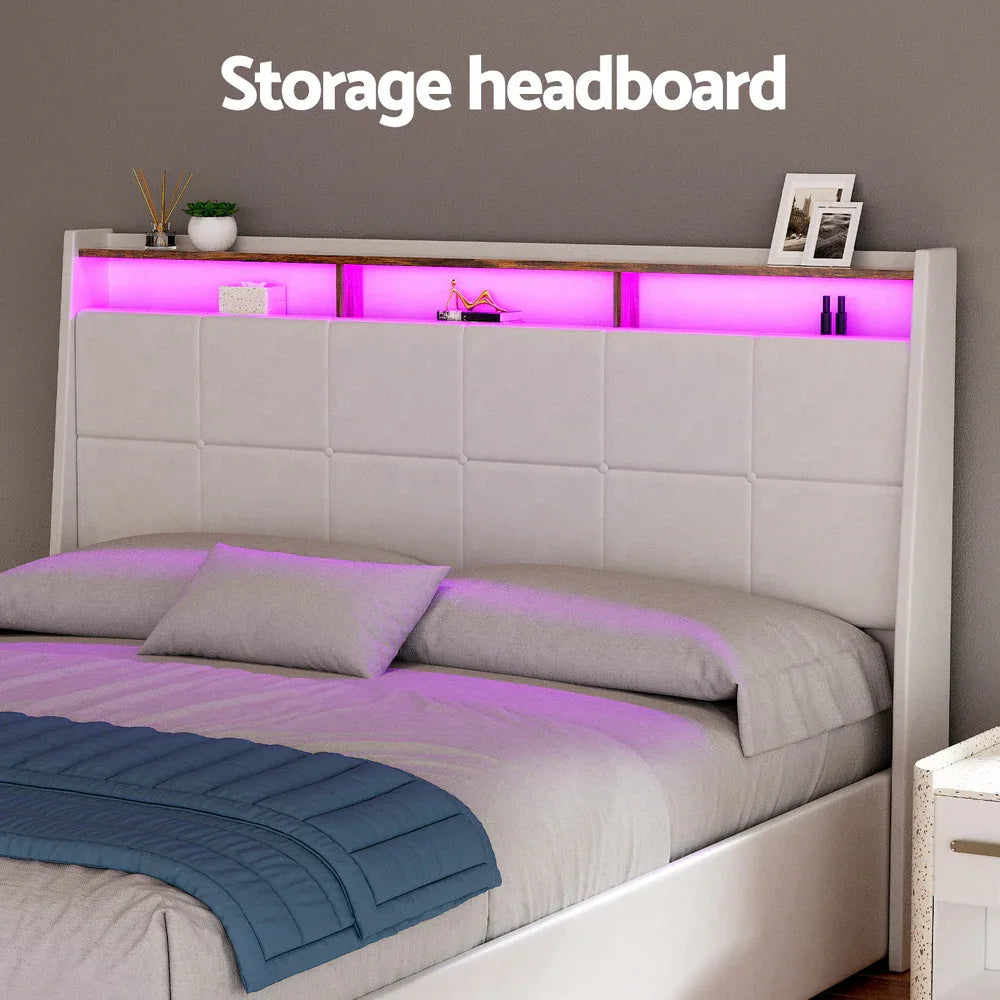 Artiss Bed Frame Gas Lift LED Beds Base Platform White PVC Leather Storage Headboard - Queen - Mekamart Australia