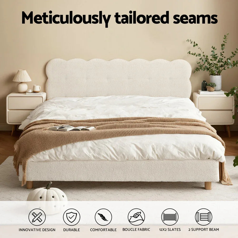 Artiss Double Bed Frame Cloud Headboard Boucle Fabric Mattress Platform Base White - Mekamart Australia