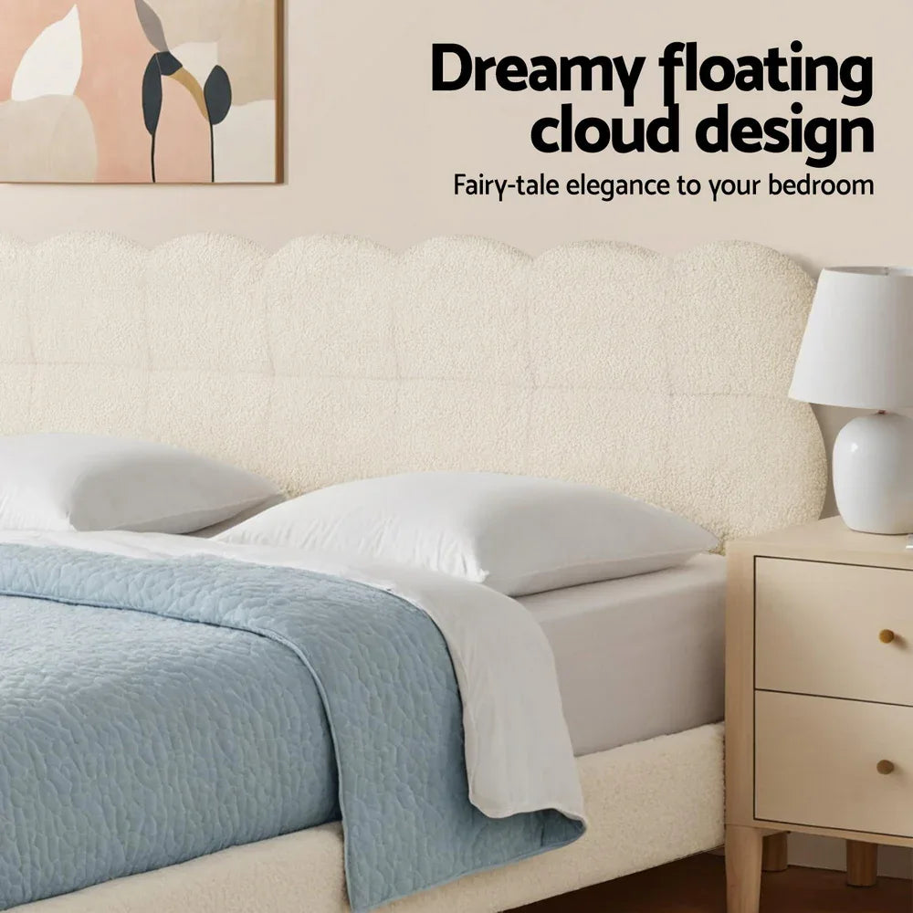 Artiss Double Bed Frame Cloud Headboard Boucle Fabric Mattress Platform Base White - Mekamart Australia