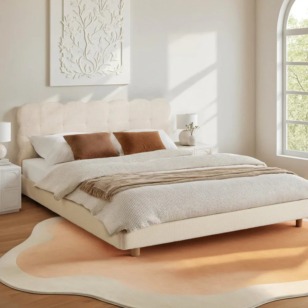 Artiss Double Bed Frame Cloud Headboard Boucle Fabric Mattress Platform Base White - Mekamart Australia