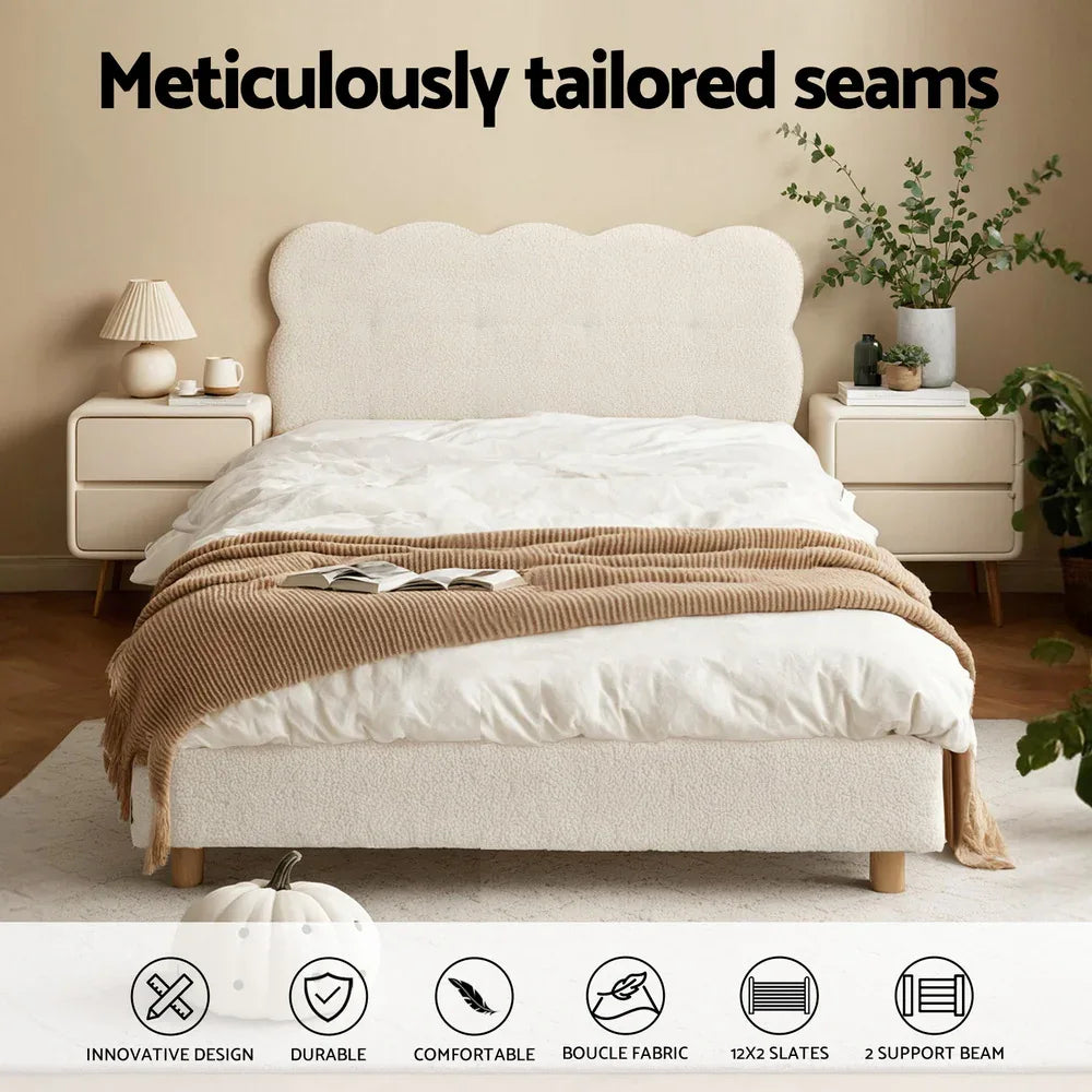 Artiss King Single Bed Frame Cloud Headboard Boucle Fabric Mattress Platform Base White - Mekamart Australia