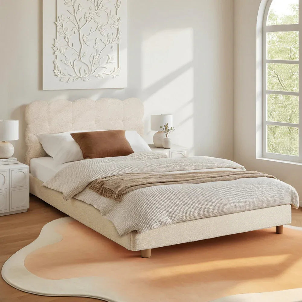 Artiss King Single Bed Frame Cloud Headboard Boucle Fabric Mattress Platform Base White - Mekamart Australia