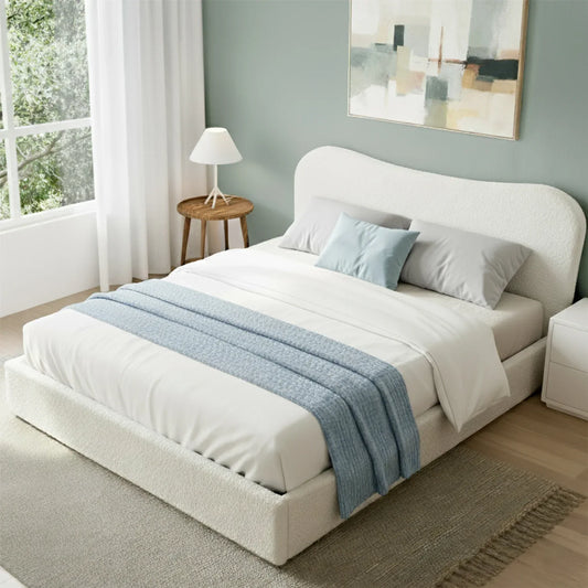 Artiss Queen Bed Frame with Gaslift Storage Wooden Platform Mattress Base Boucle Upholstered White - Mekamart Australia