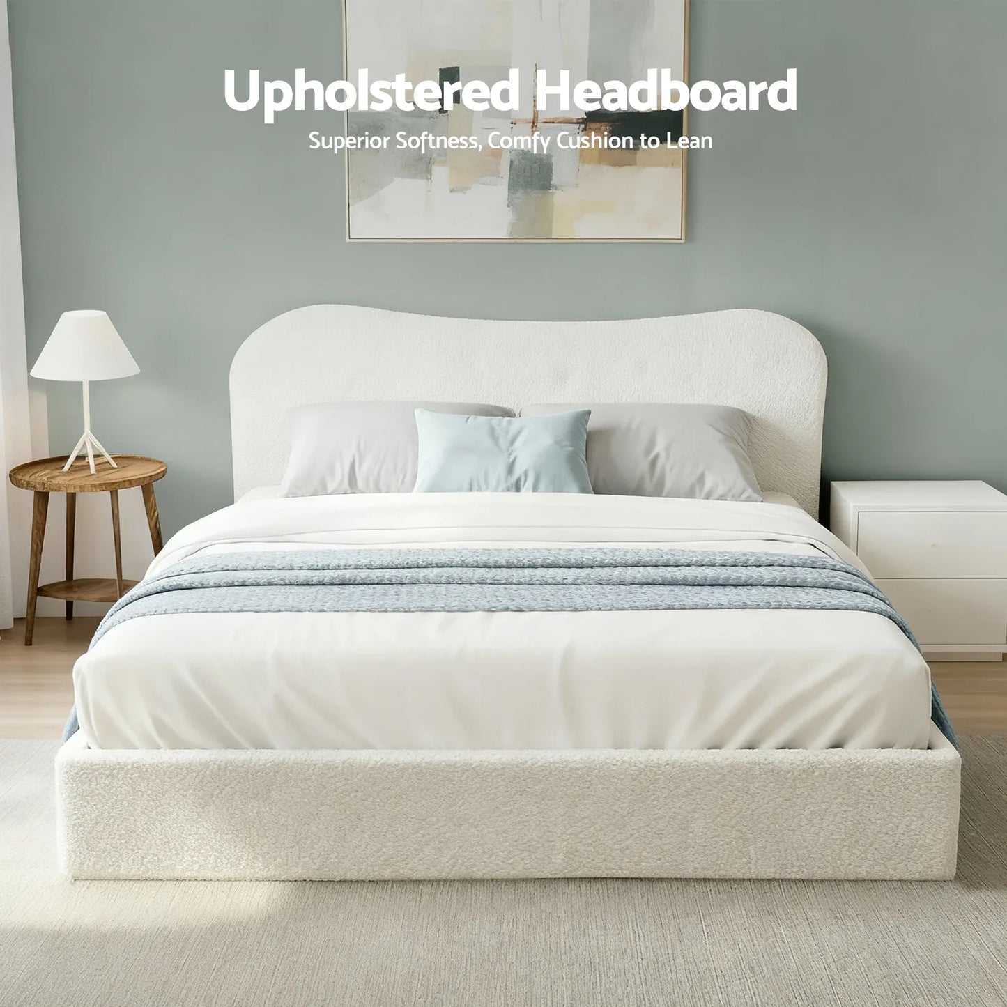 Artiss Queen Bed Frame with Gaslift Storage Wooden Platform Mattress Base Boucle Upholstered White - Mekamart Australia
