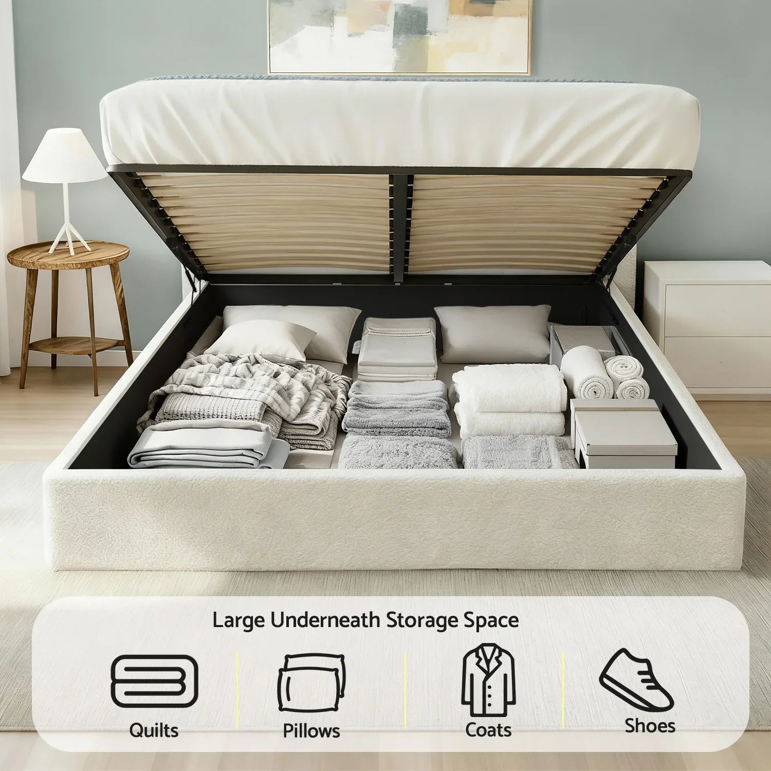 Artiss Queen Bed Frame with Gaslift Storage Wooden Platform Mattress Base Boucle Upholstered White - Mekamart Australia