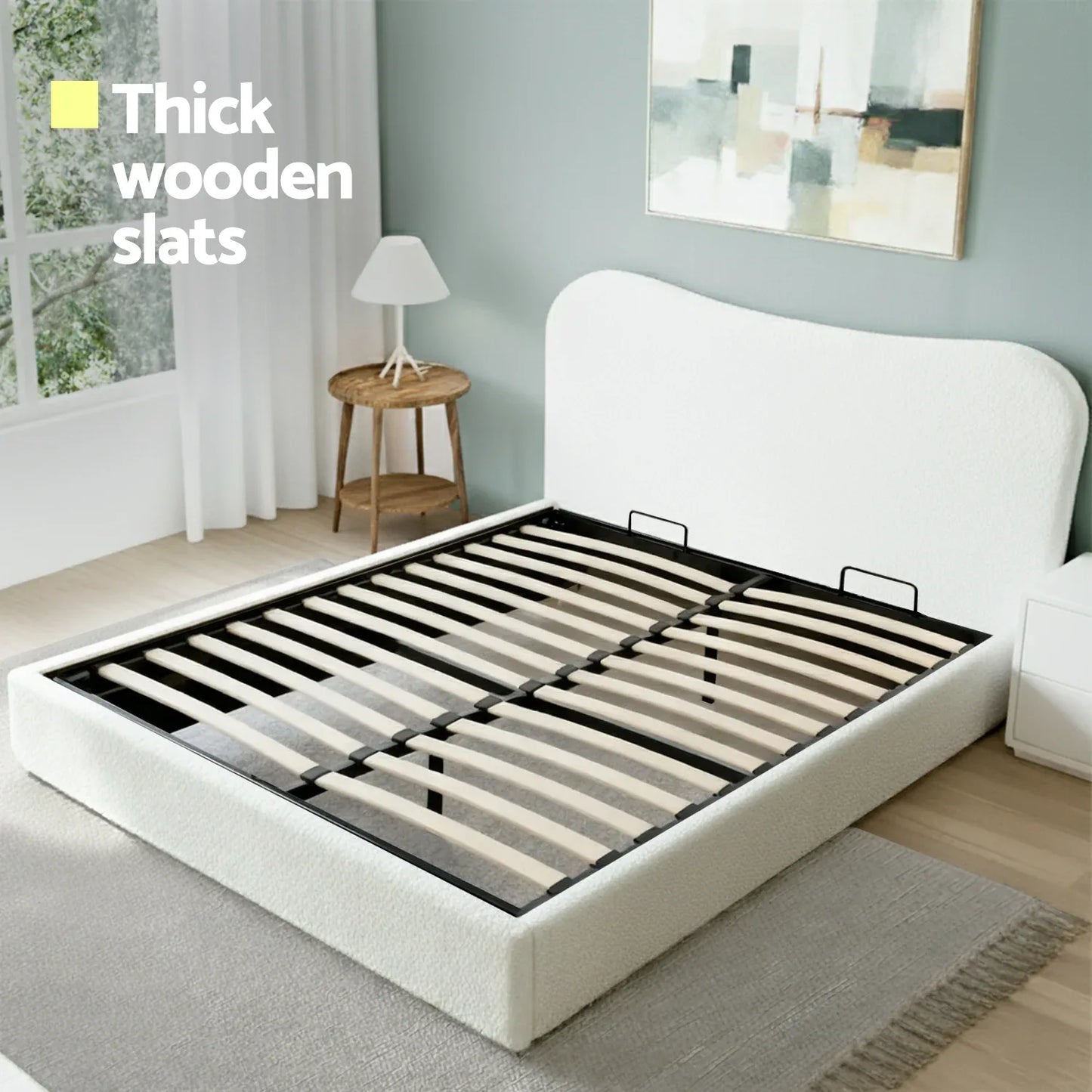 Artiss Queen Bed Frame with Gaslift Storage Wooden Platform Mattress Base Boucle Upholstered White - Mekamart Australia