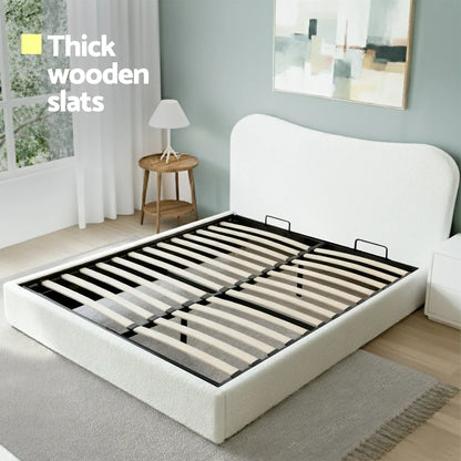 Artiss Queen Bed Frame with Gaslift Storage Wooden Platform Mattress Base Boucle Upholstered White - Mekamart Australia
