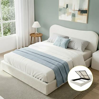 Artiss Queen Bed Frame with Gaslift Storage Wooden Platform Mattress Base Boucle Upholstered White - Mekamart Australia