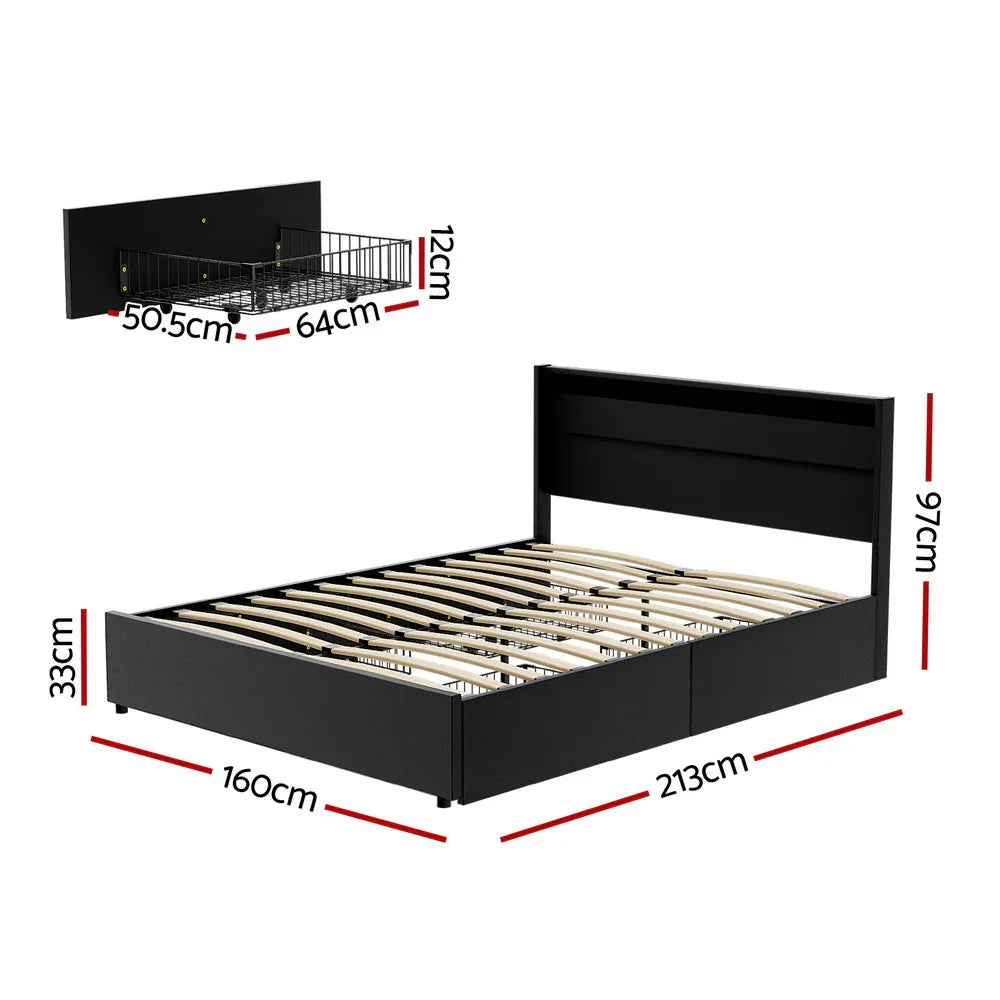 Artiss Bed Frame Queen Size LED with 4 Drawers Black DUNN - Mekamart Australia