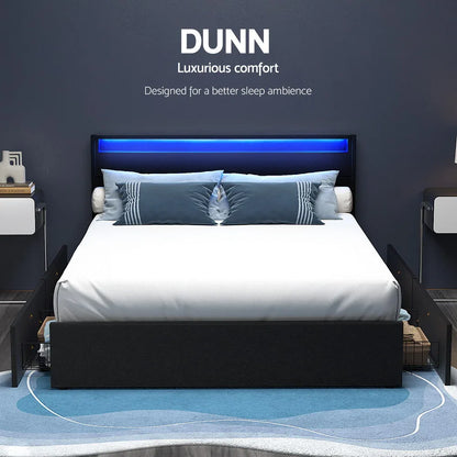 Artiss Bed Frame Queen Size LED with 4 Drawers Black DUNN - Mekamart Australia