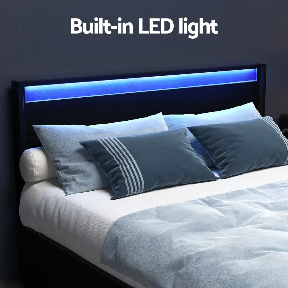 Artiss Bed Frame Queen Size LED with 4 Drawers Black DUNN - Mekamart Australia
