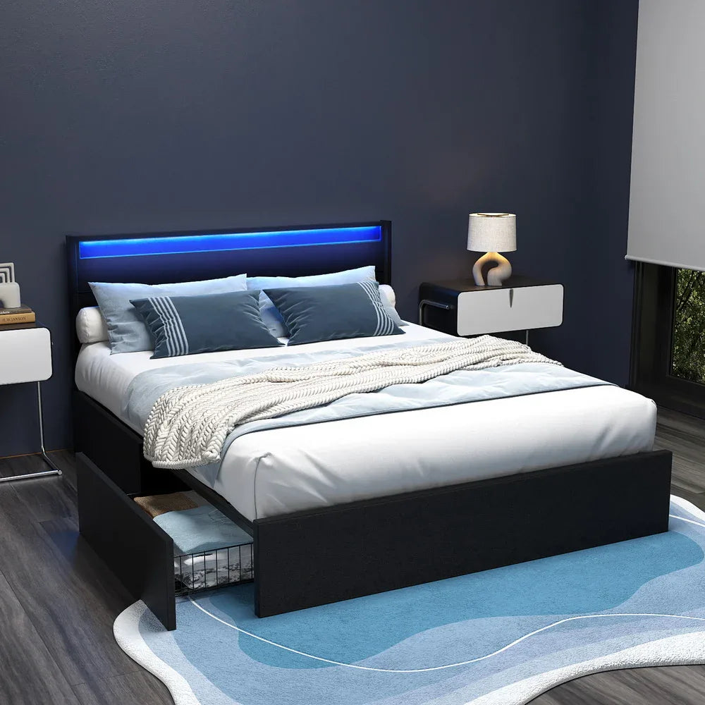 Artiss Bed Frame Queen Size LED with 4 Drawers Black DUNN - Mekamart Australia