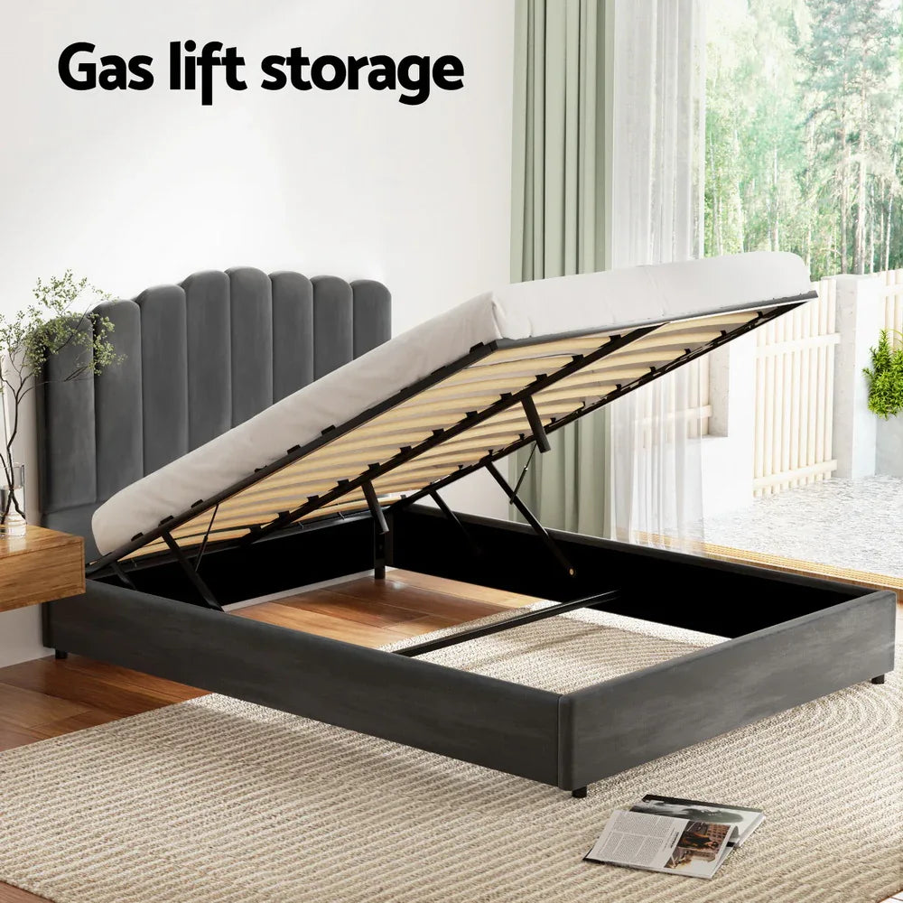 Artiss Bed Frame Queen Size Velvet Grey FION - Mekamart Australia