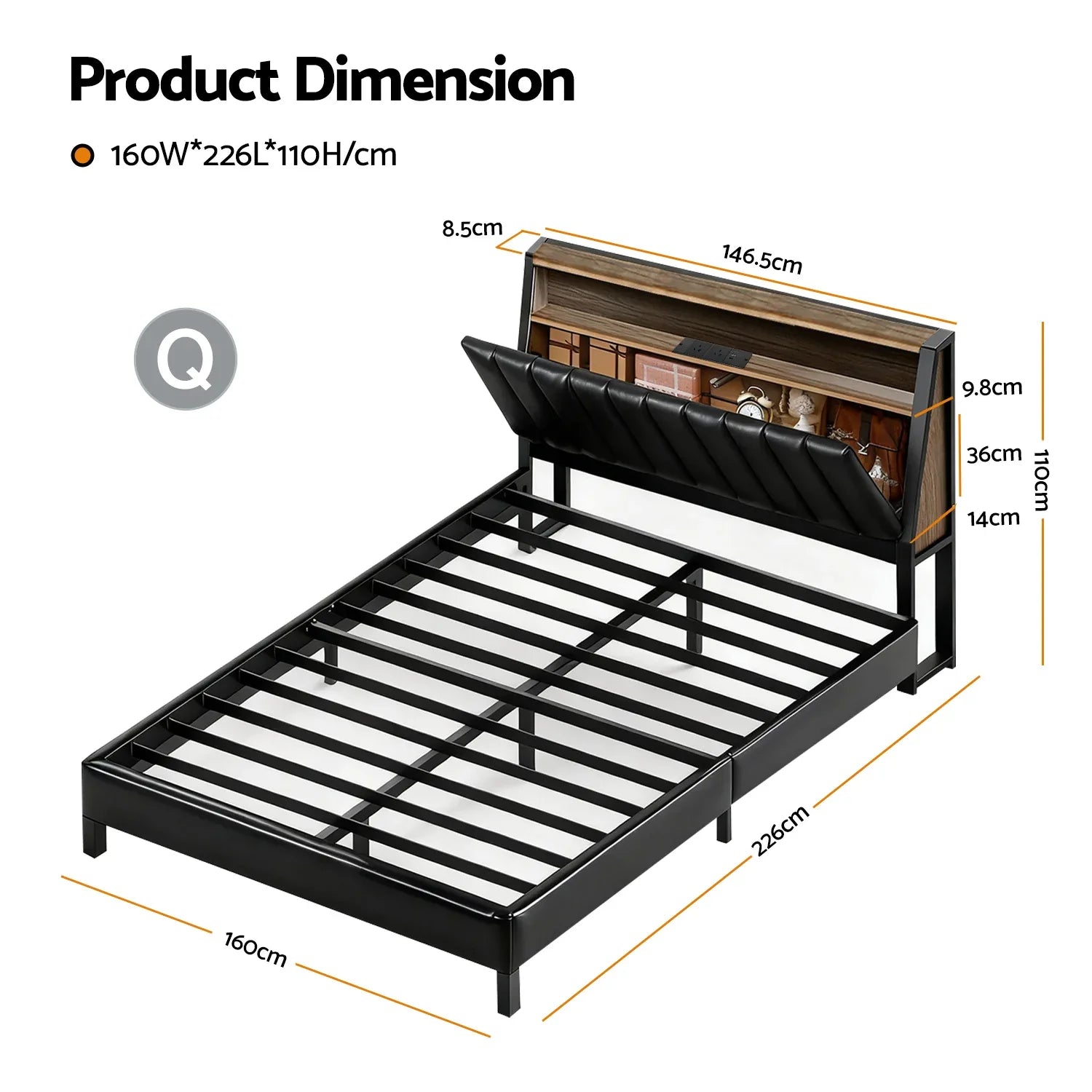 Artiss Queen Bed Frame LED Storage Headboard with Charging Station Black - Mekamart Australia