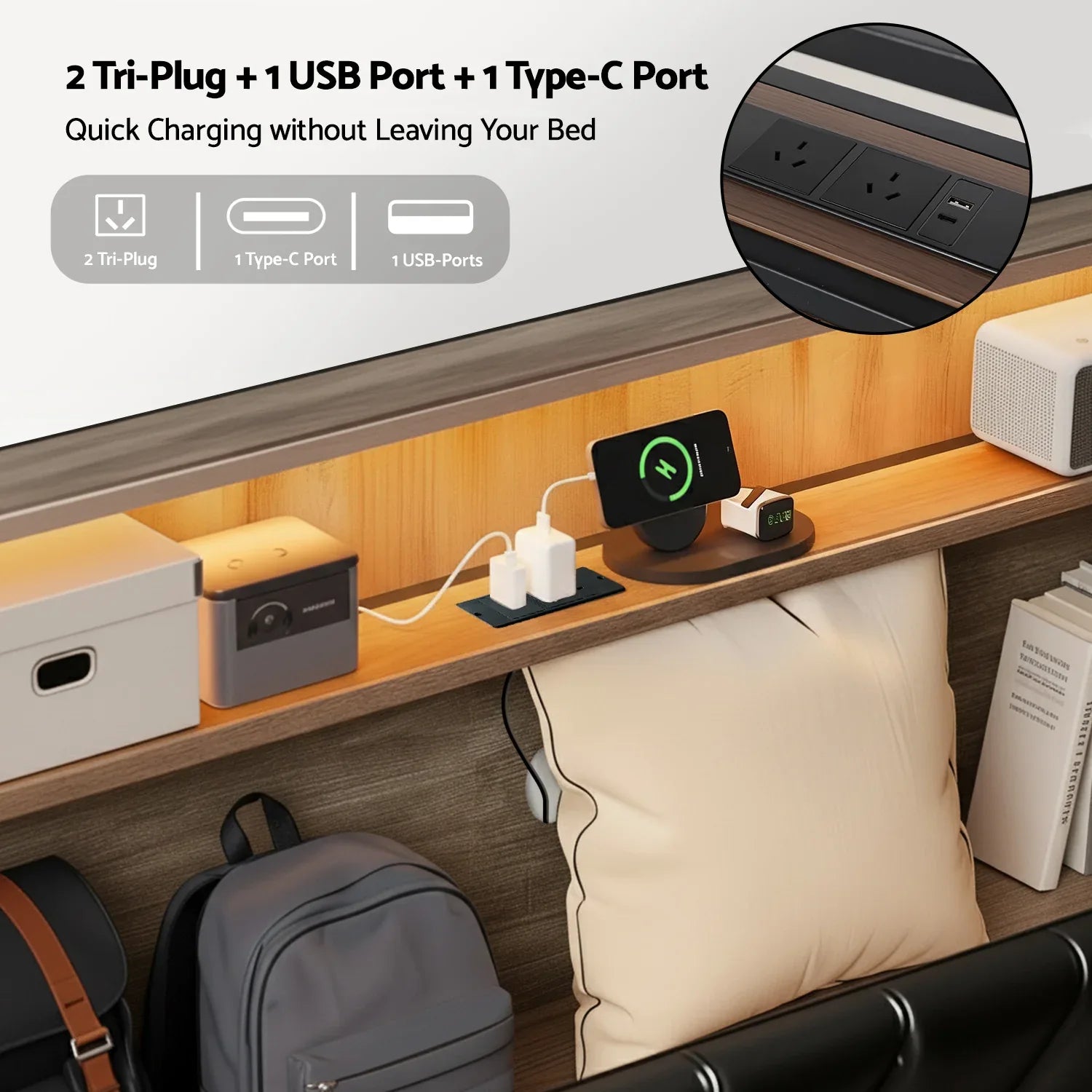 Artiss Queen Bed Frame LED Storage Headboard with Charging Station Black - Mekamart Australia
