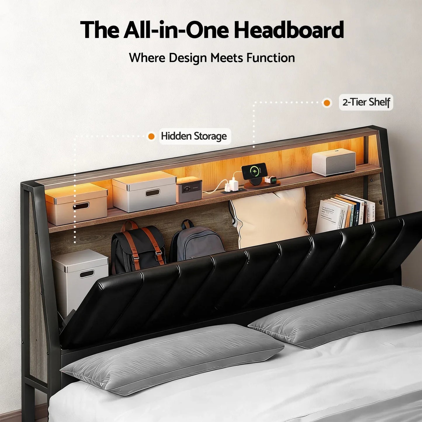 Artiss Queen Bed Frame LED Storage Headboard with Charging Station Black - Mekamart Australia