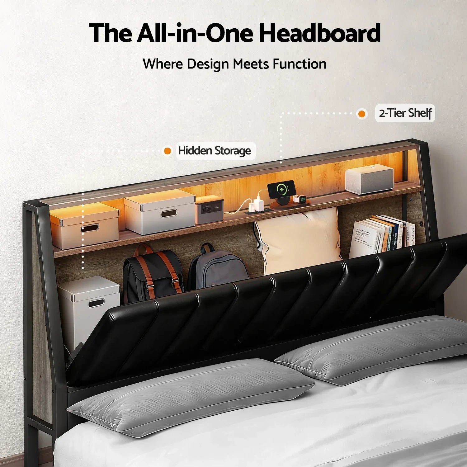 Artiss Queen Bed Frame LED Storage Headboard with Charging Station Black - Mekamart Australia