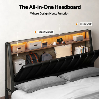 Artiss Queen Bed Frame LED Storage Headboard with Charging Station Black - Mekamart Australia