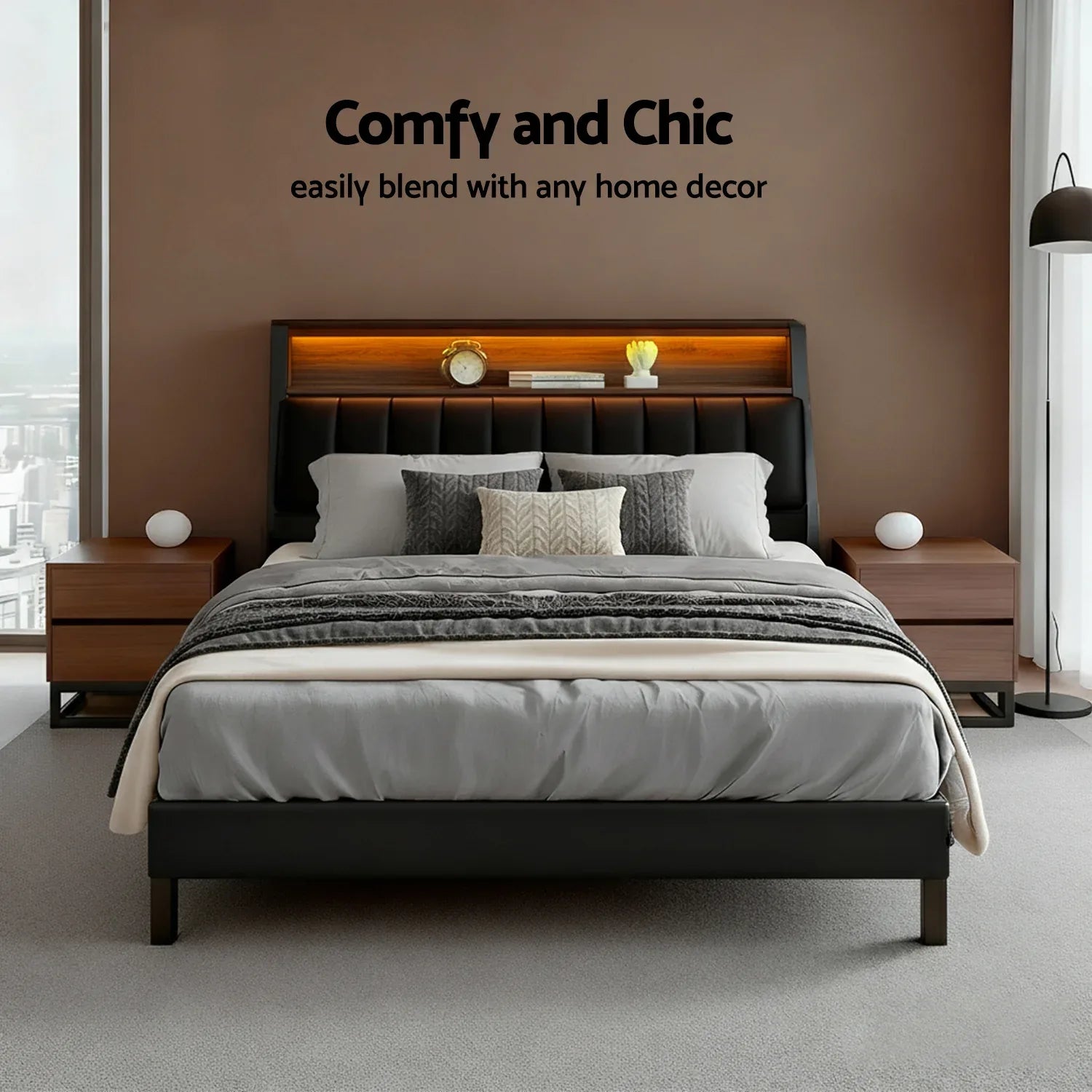 Artiss Queen Bed Frame LED Storage Headboard with Charging Station Black - Mekamart Australia
