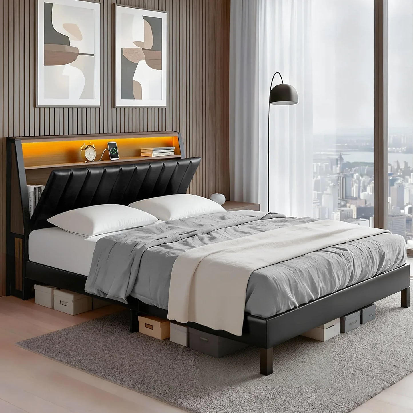Artiss Queen Bed Frame LED Storage Headboard with Charging Station Black - Mekamart Australia