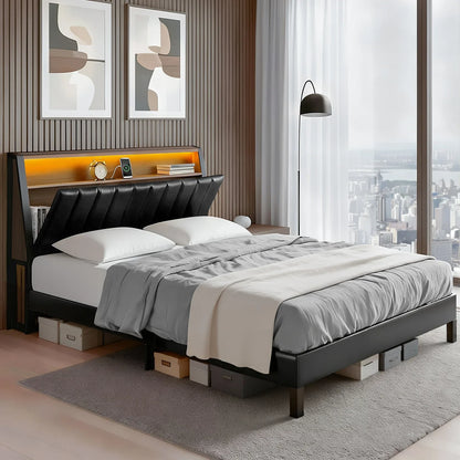 Artiss Queen Bed Frame LED Storage Headboard with Charging Station Black - Mekamart Australia