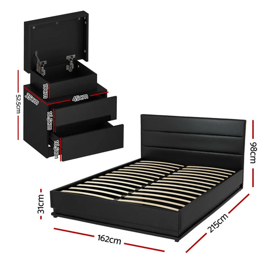 Artiss RGB LED Queen Bed Frame with 2 Beside Tables Set 16 Colour Mood Lighting - Mekamart Australia