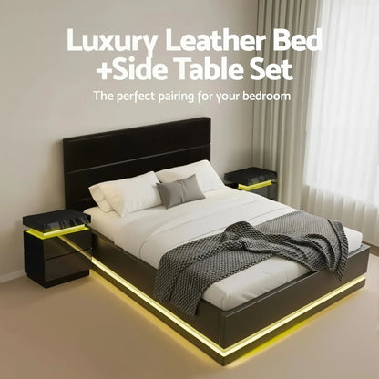 Artiss RGB LED Queen Bed Frame with 2 Beside Tables Set 16 Colour Mood Lighting - Mekamart Australia