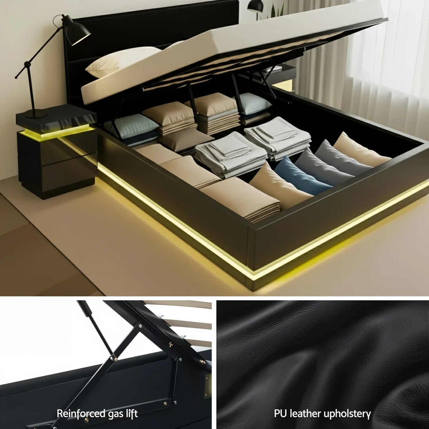 Artiss RGB LED Queen Bed Frame with 2 Beside Tables Set 16 Colour Mood Lighting - Mekamart Australia