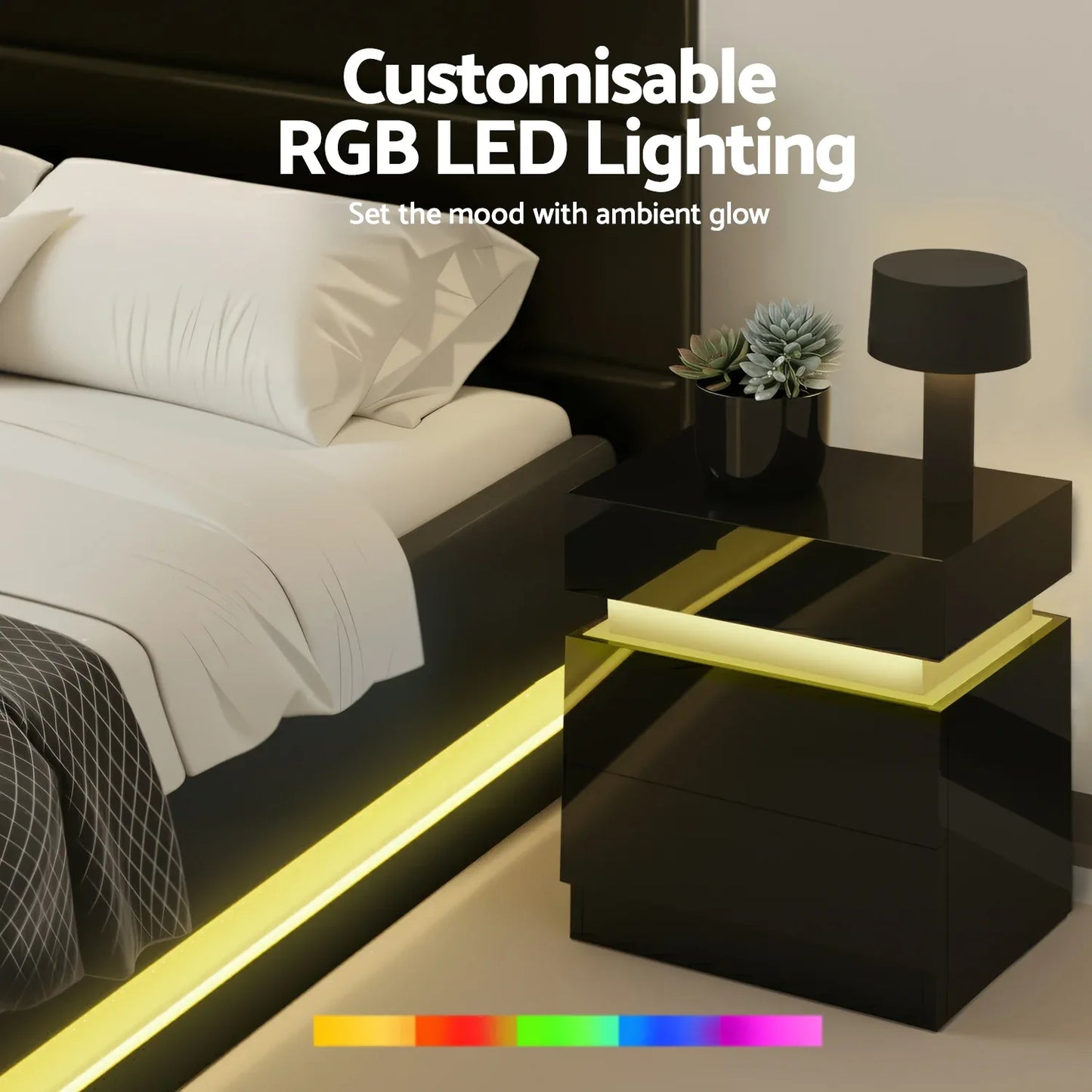 Artiss RGB LED Queen Bed Frame with 2 Beside Tables Set 16 Colour Mood Lighting - Mekamart Australia