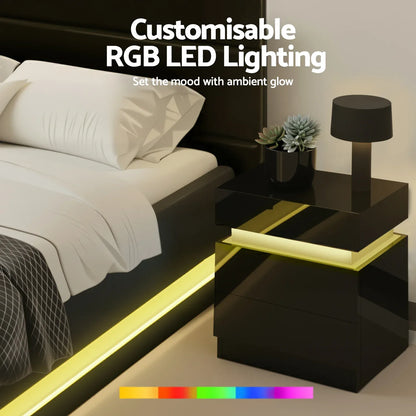 Artiss RGB LED Queen Bed Frame with 2 Beside Tables Set 16 Colour Mood Lighting - Mekamart Australia