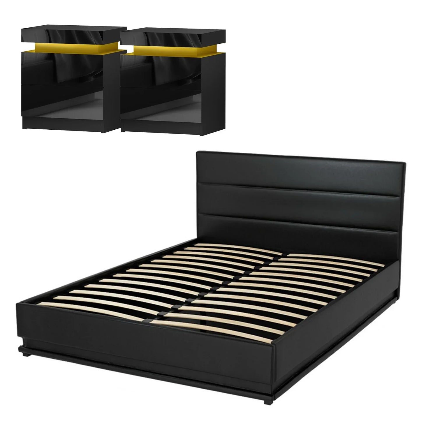 Artiss RGB LED Queen Bed Frame with 2 Beside Tables Set 16 Colour Mood Lighting - Mekamart Australia