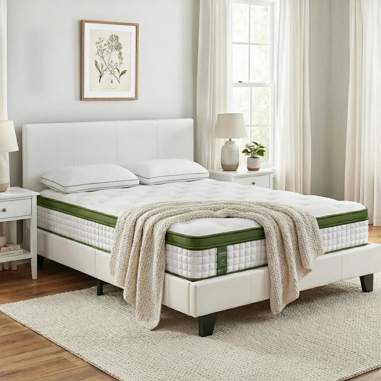 Artiss Double Bed Frame Platform White PVC Leather Hybrid Mattress Modern - Mekamart Australia