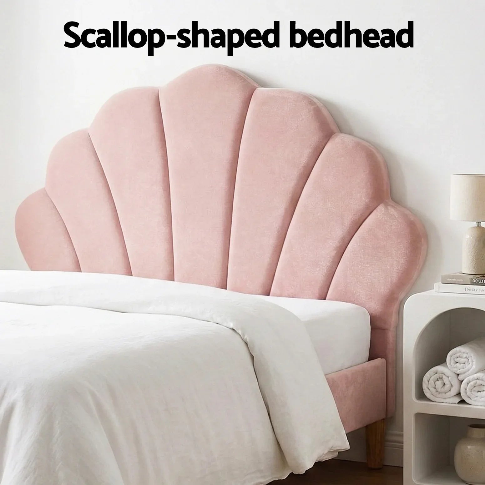 Artiss Bed Frame King Single with Bedside Table Set Scallop Headboard Pink Velvet Fabric Beds Base - Mekamart Australia