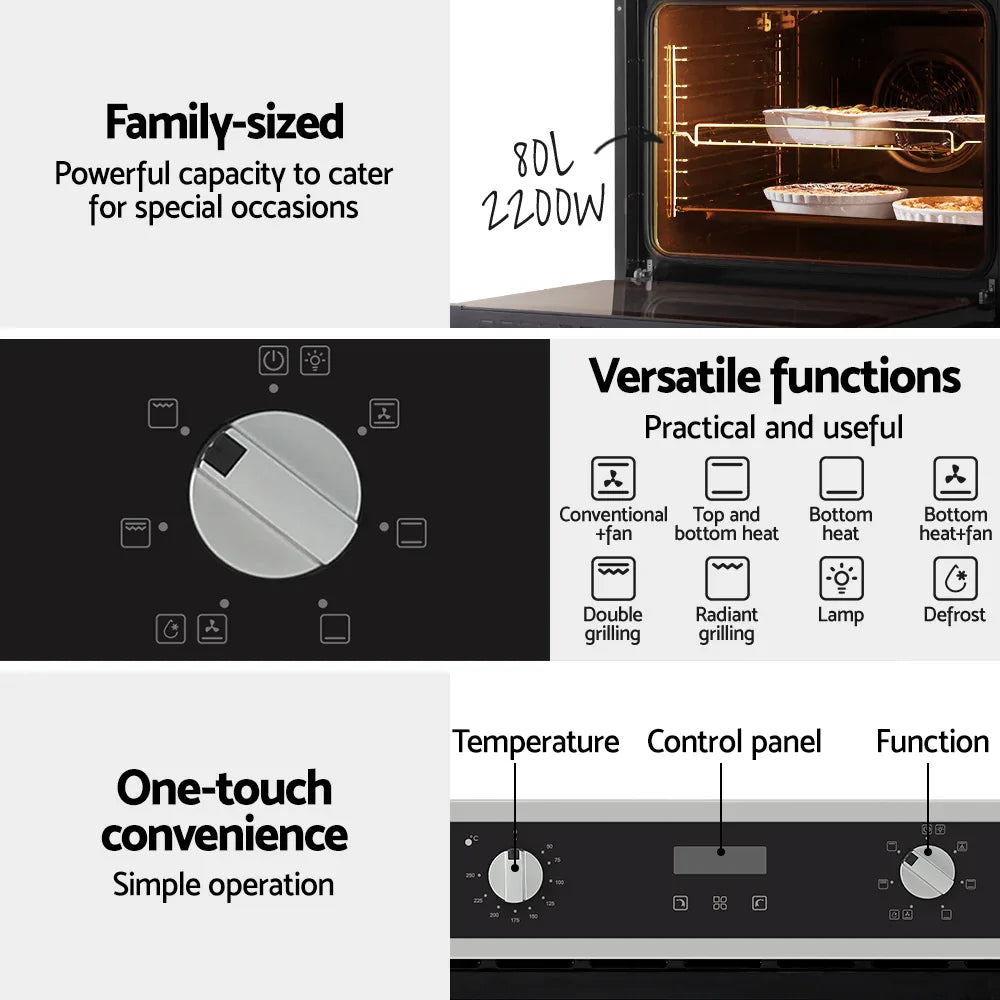 Devanti Electric Built In Wall Oven 80L Convection Grill Ovens Stainless Steel - Mekamart Australia