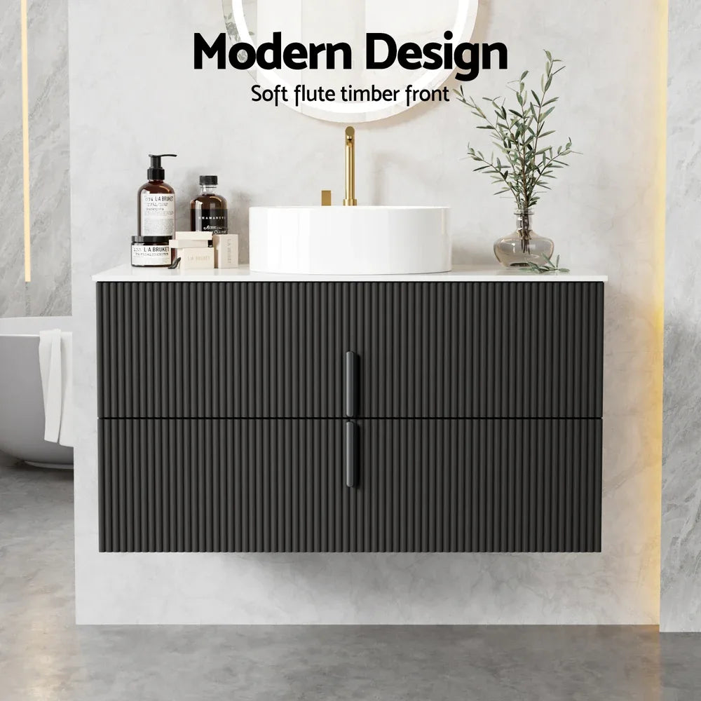 Cefito Vanity Unit 900mm Bathroom Cabinet Storage Wall Hung Black Timber Front - Mekamart Australia
