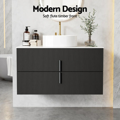 Cefito Vanity Unit 900mm Bathroom Cabinet Storage Wall Hung Black Timber Front - Mekamart Australia