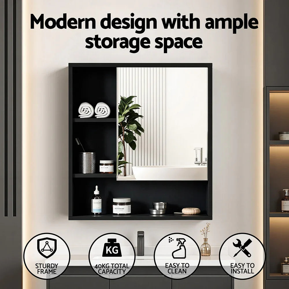 Cefito Bathroom Mirror Cabinet Mirrored Medicine Adjustable Shelf Wall Mounted 560mm Black - Mekamart Australia