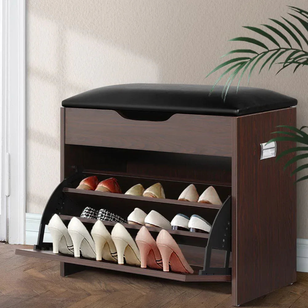 Artiss Shoe Rack Cabinet Bench 3-tier 15 Pairs Walnut - Mekamart Australia