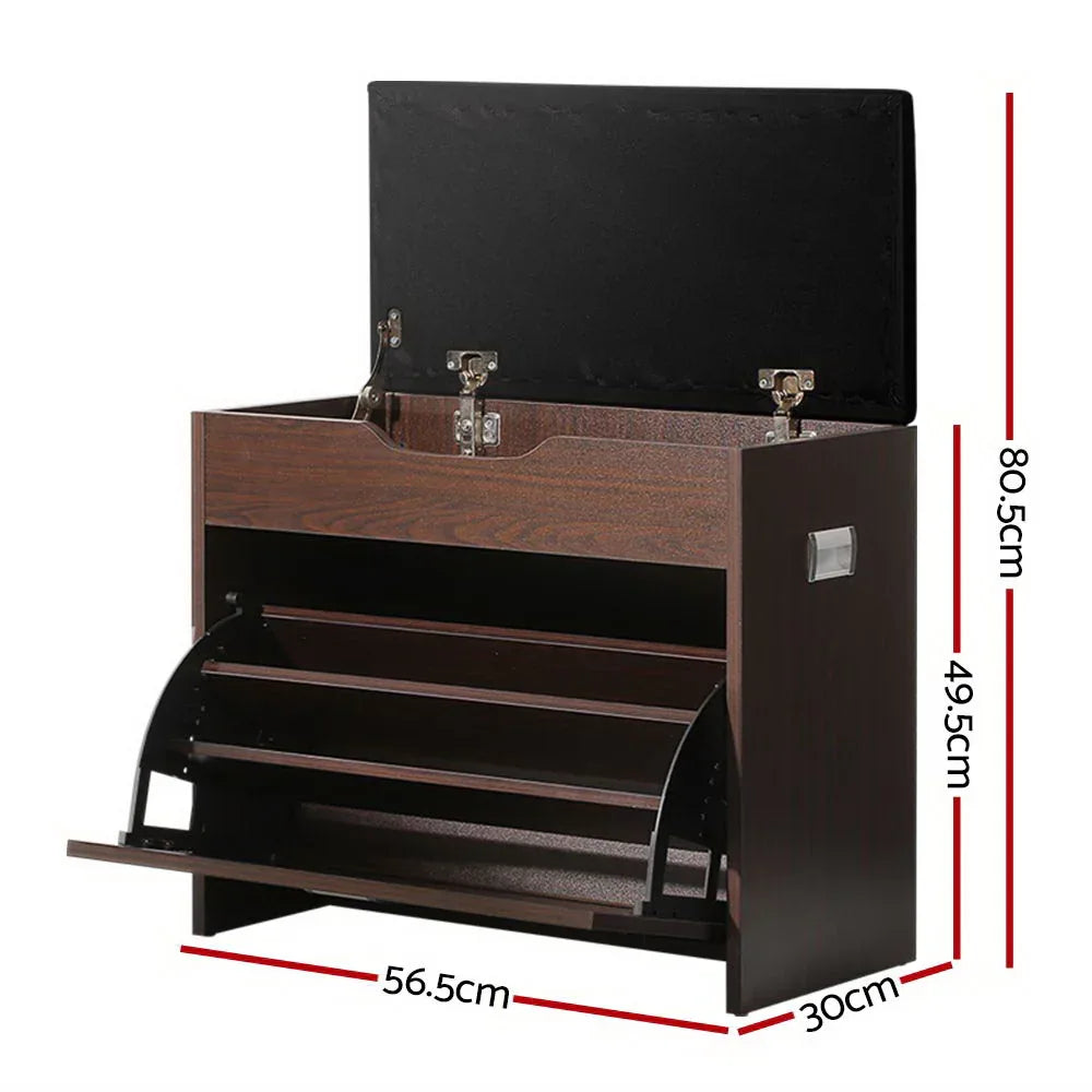 Artiss Shoe Rack Cabinet Bench 3-tier 15 Pairs Walnut - Mekamart Australia