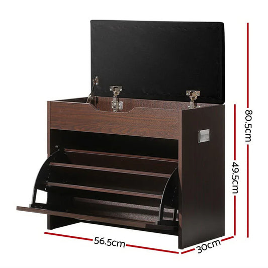 Artiss Shoe Rack Cabinet Bench 3-tier 15 Pairs Walnut - Mekamart Australia