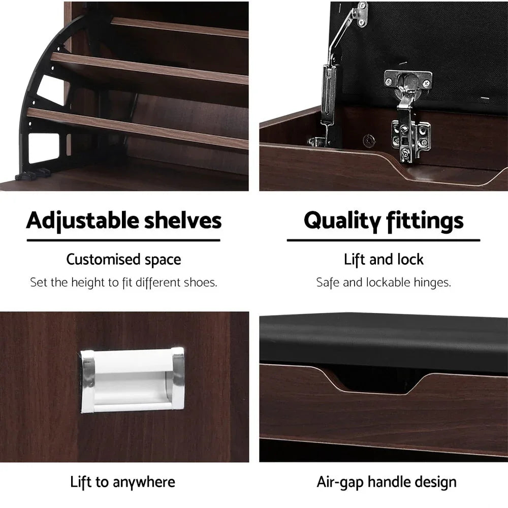 Artiss Shoe Rack Cabinet Bench 3-tier 15 Pairs Walnut - Mekamart Australia