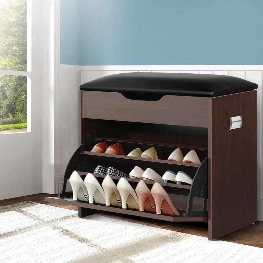 Artiss Shoe Rack Cabinet Bench 3-tier 15 Pairs Walnut - Mekamart Australia
