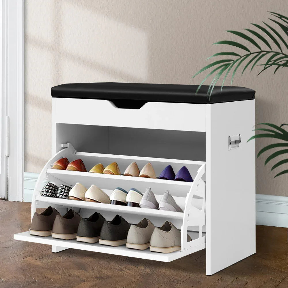 Artiss Shoe Rack Cabinet Bench 3-tier 15 Pairs White - Mekamart Australia