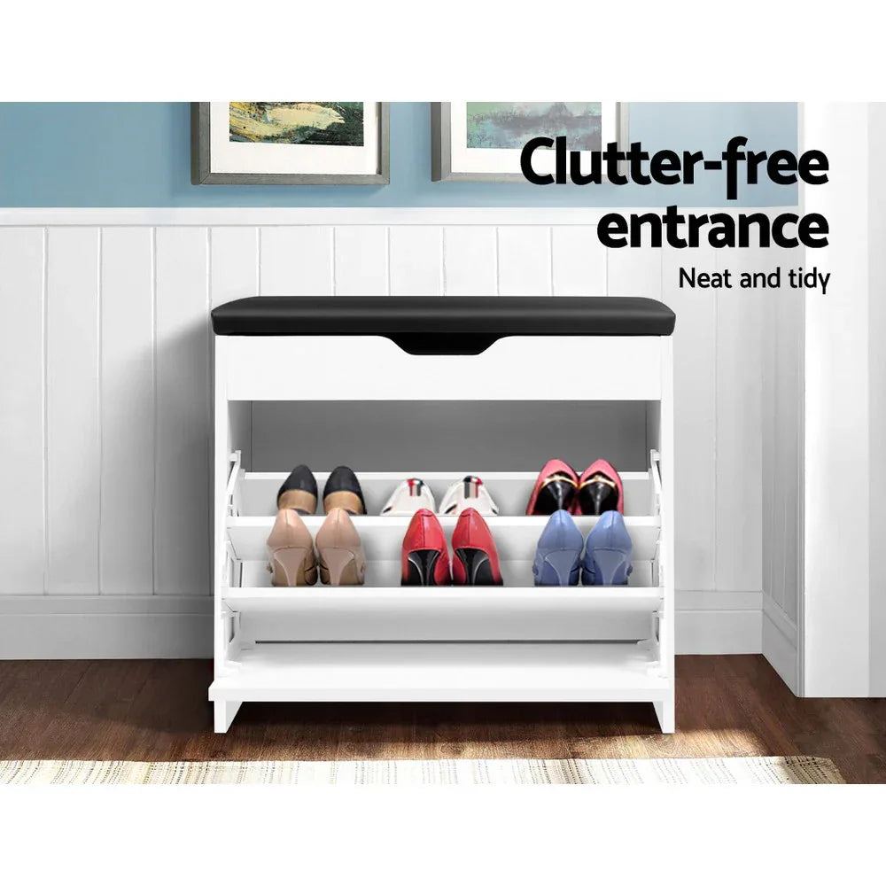 Artiss Shoe Rack Cabinet Bench 3-tier 15 Pairs White - Mekamart Australia
