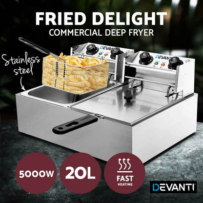 Devanti 20L Electric Commercial Deep Fryer Double Baskets 4400W - Mekamart Australia