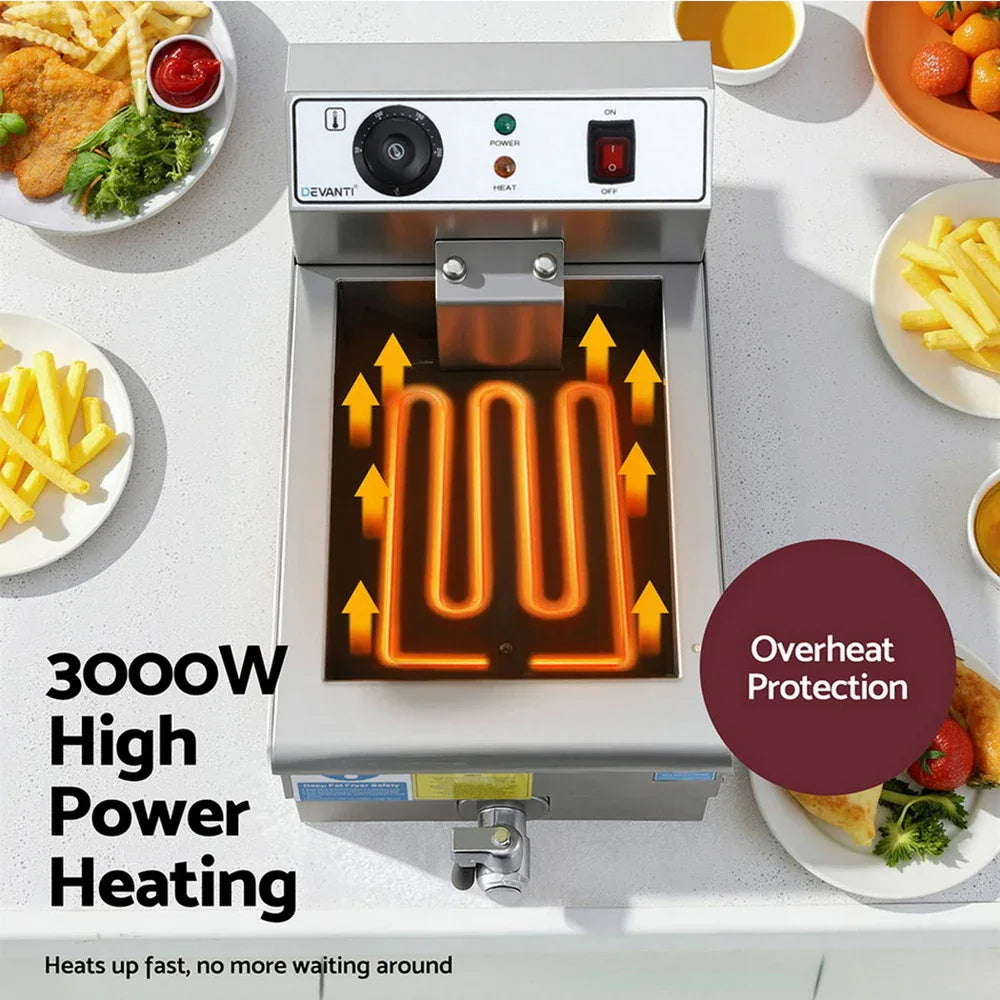 Devanti 3000W Electric Deep Fryer 10L Stainless Steel Fryer w/ Basket & Lid - Mekamart Australia
